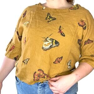 Butterfly Mustard Yellow Garden Fairy Cottage Linen Blouse Top Flare Bell Sleeve